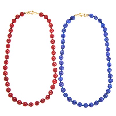 Lot 1005 - Helen Woodhull Pair of Lapis and Carnelian Bead Necklaces with Gold Clasps