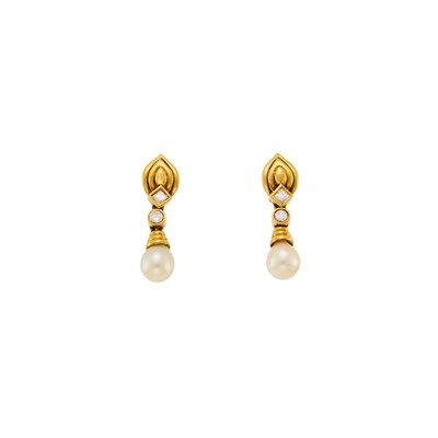 Lot 1052 - Pair of Gold, Diamond and Cultured Pearl Pendant-Earrings
