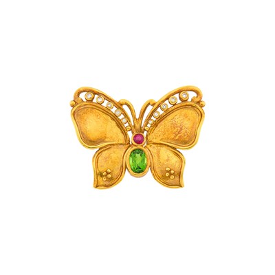 Lot 109 - Helen Woodhull Gold, Tourmaline, Ruby and Diamond Butterfly Brooch