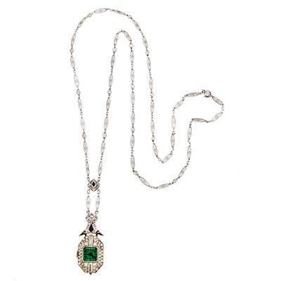 Lot 1217 - Platinum, Emerald, Sapphire and Diamond Pendant-Watch