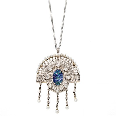 Lot 1219 - Platinum-Topped Gold, Opal Doublet, Diamond, and Pearl Pendant-Brooch with White Gold Chain Necklace