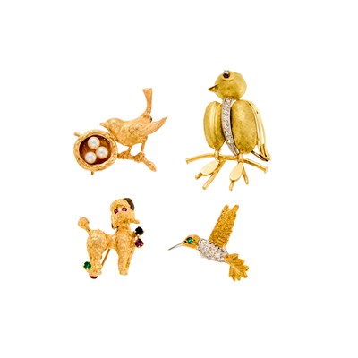 Lot 1230 - Group of Gold, White Gold, Gem-Set and Cultured Pearl Animal Brooches