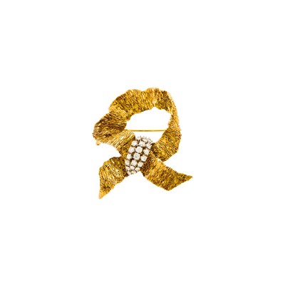 Lot 1235 - Two-Color Gold and Diamond Bow Brooch