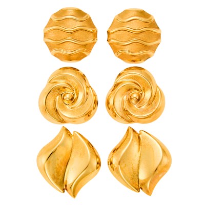 Lot 1233 - Three Pairs of Gold Earrings