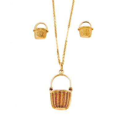 Lot 1242 - Gold Basket Pendant with Chain Necklace and Pair of Stud Earrings