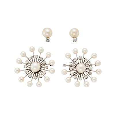 Lot 1225 - Pair of White Gold, Cultured Pearl and Diamond Brooches and Pair of Earrings