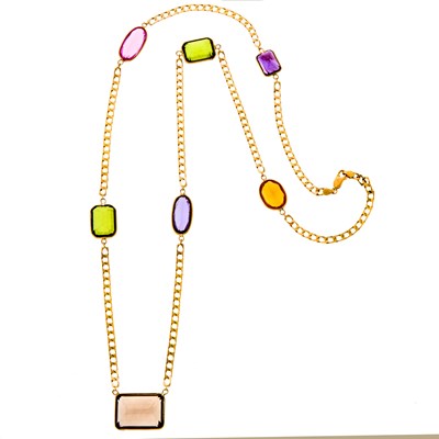 Lot 1277 - Long Gold, Smoky Quartz, Amethyst, Synthetic Green Spinel and Synthetic Purple, Pink and Orange Sapphire Necklace