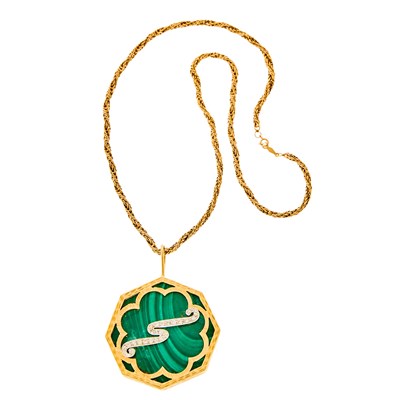 Lot 1237 - Gold, Platinum, Malachite and Diamond Pendant with Chain Necklace