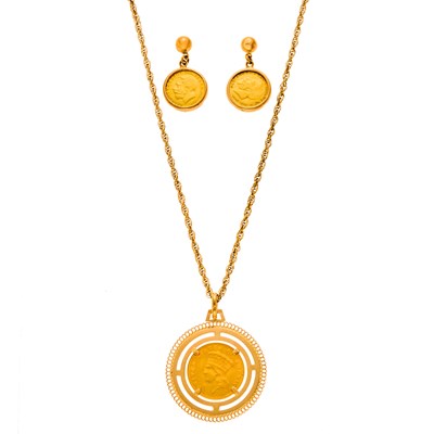 Lot 1240 - Gold and Gold Coin Pendant with Chain Necklace and Pair of Pendant-Earrings