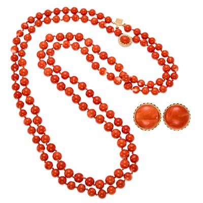Lot 1239 - Double Strand Coral Bead Necklace with Gold, Coral and Seed Pearl Clasp and Pair of Coral Earrings