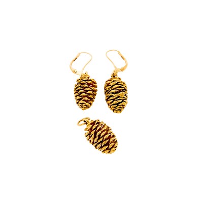 Lot 1241 - Pair of Gold Pine Cone Pendant-Earrings and Pendant