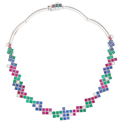 Lot 98 - White Gold, Gem-Set and Diamond Necklace