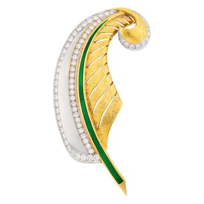 Lot 120 - Two-Color Gold, Diamond & Green Enamel Feather Clip-Brooch