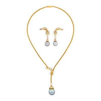 Lot 89 - Gold, Diamond and Tahitian Gray Cultured Pearl Pendant-Necklace and Pair of Pendant-Earrings