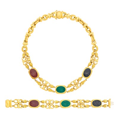 Lot 105 - Double Strand Gold, Silver, Black and Green Onyx and Carnelian Intaglio Necklace and Bracelet