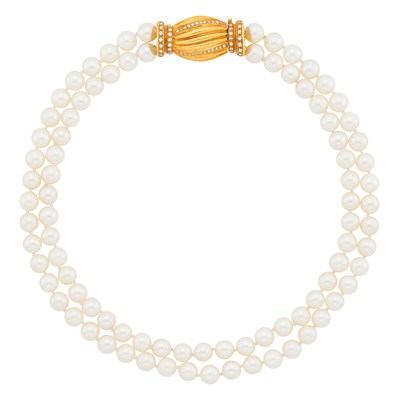 Lot Double Strand Cultured Pearl Necklace with Gold and Diamond Clasp