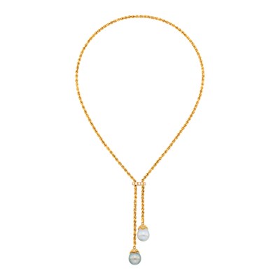 Lot 96 - Gold, Tahitian Gray Cultured Pearl and Diamond Lariat Pendant-Necklace