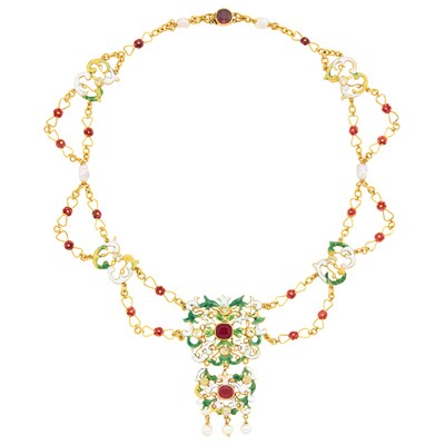 Lot 36 - Antique Gold, Multicolored Enamel, Garnet, Chrysoberyl and Pearl Swag Pendant-Necklace