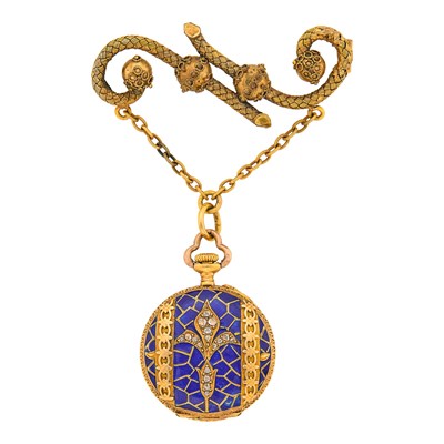 Lot 1100 - Antique Gold, Gilt-Metal, Blue Enamel and Diamond Lapel Pendant-Watch