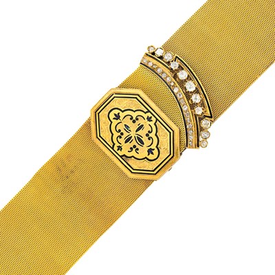 Lot 39 - Antique Wide Gold, Diamond and Black Enamel Mesh Bracelet, France