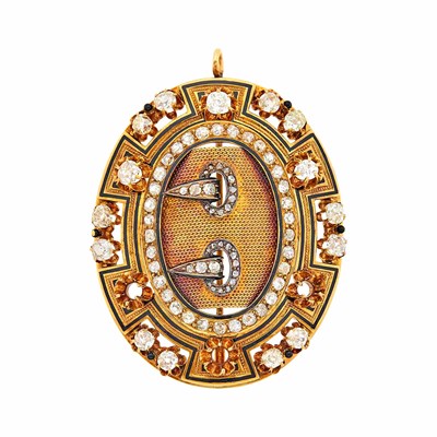 Lot 1106 - Antique Gold, Silver, Diamond and Black Enamel Buckle Pendant-Brooch, France