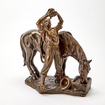 Lot 193 - Spanish Patinated Bronze Equestrian Group of a Young Man and a Horse at a Watering Hole