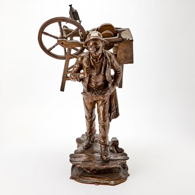 Lot 194 - Italian Patinated Bronze Figure of a Young Man Carrying a Grinding Wheel and Box on His Back Entitled The Peddler