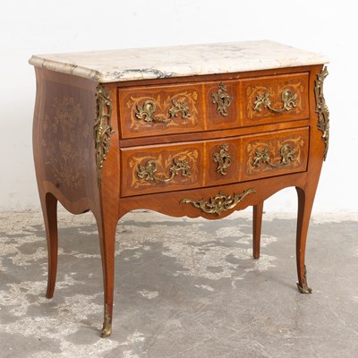 Lot 9 - Louis XV Style Marquetry Marble Top Bombé Secretary Commode