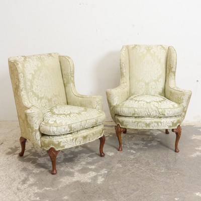 Lot 198 - Pair of George II Style Upholstered Walnut Wing Chairs