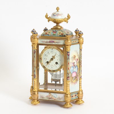 Lot 78 - French Gilt-Brass, Glass, Champlevé Enamel and Sèvres Style Porcelain Regulator Clock