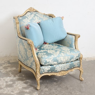 Lot 191 - Louis XV Style Silk-Upholstered Cream Painted Bergère