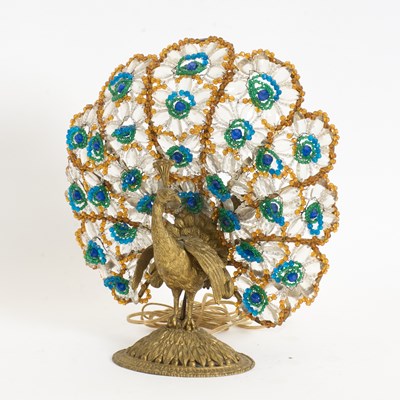 Lot 79 - Gilt-Metal and Colored Glass Peacock-Form Lamp