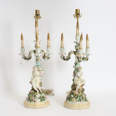 Lot 82 - Pair of Continental Porcelain Figural Four-Light Candelabra