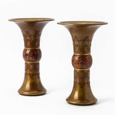 Lot 99 - An Unusual Pair of Chinese Cloisonné Enamel and Bronze Vases