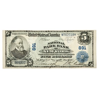 Lot 150 - United States, New York. Series 1902 Plain Back, 1905-dated $5 National Bank Note, The National Park Bank of New York. About Uncirculated.