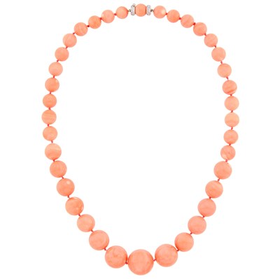 Lot 86 - Angel Skin Coral Bead, White Gold and Diamond Necklace