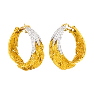 Lot 85 - Pair of Two-Color Gold and Diamond Feather Hoop Earrings
