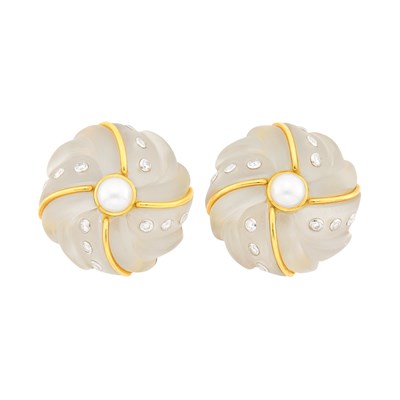 Lot 7 - Trianon Pair of Gold, Carved Frosted Rock Crystal, Cultured Pearl and Diamond Earclips