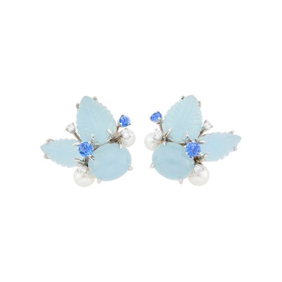 Lot Seaman Schepps Pair of White Gold, Carved and Cabochon Aquamarine, Sapphire, Cultured Pearl and Diamond Earclips