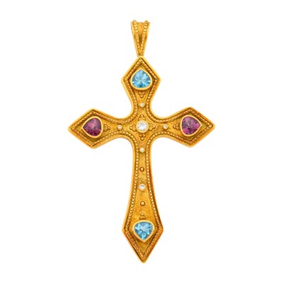 Lot 6 - Theo Fennell Gold, Rhodoline Garnet, Blue Topaz and Diamond Cross Pendant