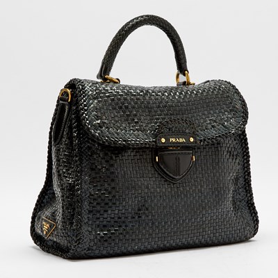 Lot 125 - Prada Black and Navy Blue Woven Madras Leather Bag