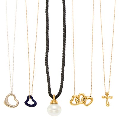 Lot 1258 - Tiffany & Co. Group of Gold, Silver, Silk Cord, Lapis and Semi-Baroque Cultured Pearl Necklaces