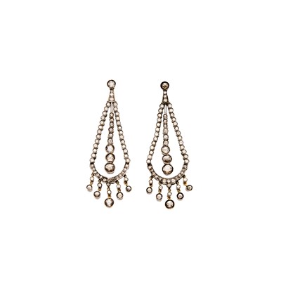 Lot 1266 - Pair of Silver-Topped Low Karat Gold, Diamond and Colored Diamond Pendant-Earrings