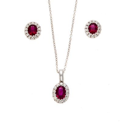Lot 1264 - White Gold, Ruby and Diamond Pendant with Chain Necklace and Pair of Earrings