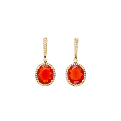 Lot 1273 - Kiki McDonough Pair of Gold, Fire Opal and Diamond Pendant-Earrings