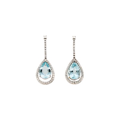 Lot 1275 - Pair of White Gold, Aquamarine and Diamond Pendant-Earrings