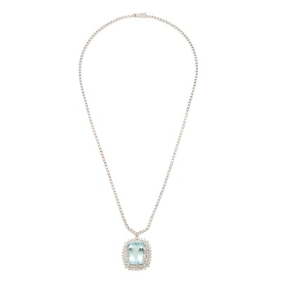 Lot 1276 - White Gold, Aquamarine and Diamond Pendant-Necklace