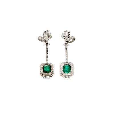 Lot 1271 - Pair of Silver, Emerald and Diamond Pendant-Earrings