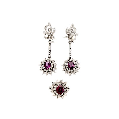 Lot 1268 - White Gold, Ruby and Diamond Ring and Pair of Silver, Ruby and Diamond Pendant-Earrings