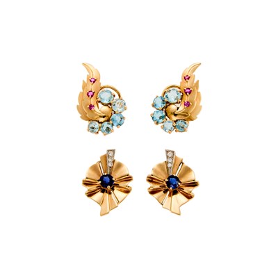 Lot 1246 - Two Pairs of Gold and Gem-Set Earrings